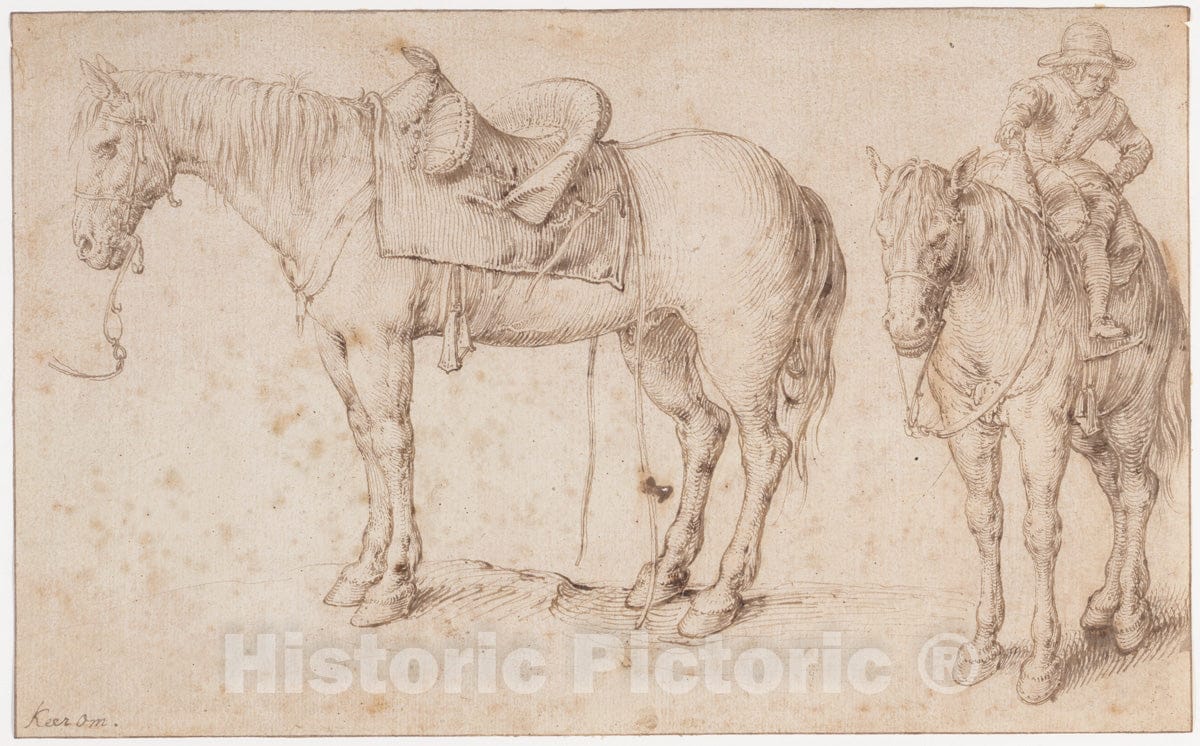 Art Print : Jacques de Gheyn II - Two Studies of a saddled Horse and of a Horse with a boy astride