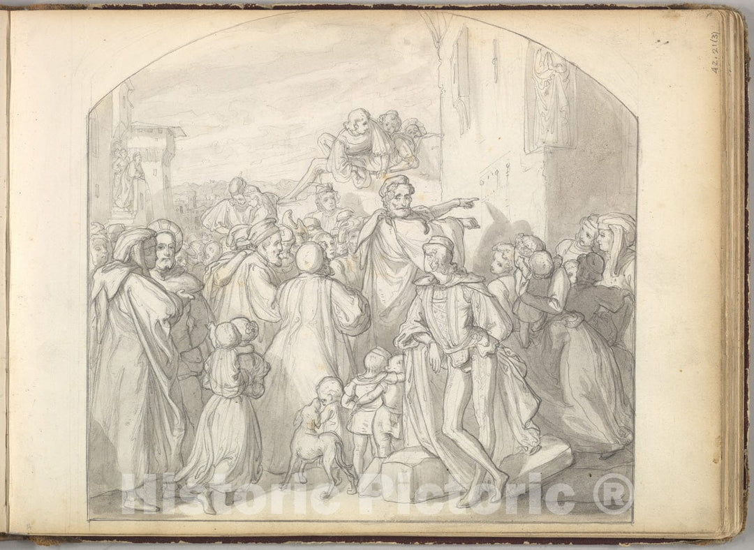 Art Print : Frederic, Lord Leighton - an Artist drawing on Wall of a Church Watched by a Crowd  : Vintage Wall Art