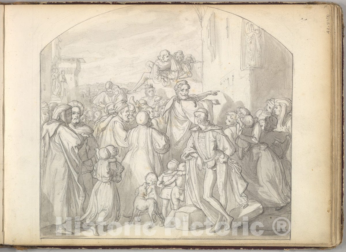 Art Print : Frederic, Lord Leighton - an Artist drawing on Wall of a Church Watched by a Crowd  : Vintage Wall Art