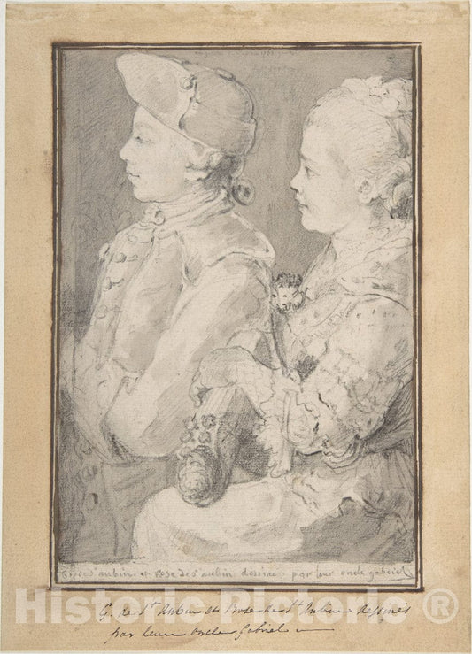 Art Print : Gabriel de Saint-Aubin - Germain-Augustin and Rose de Saint-Aubin, Drawn by Their Uncle : Vintage Wall Art