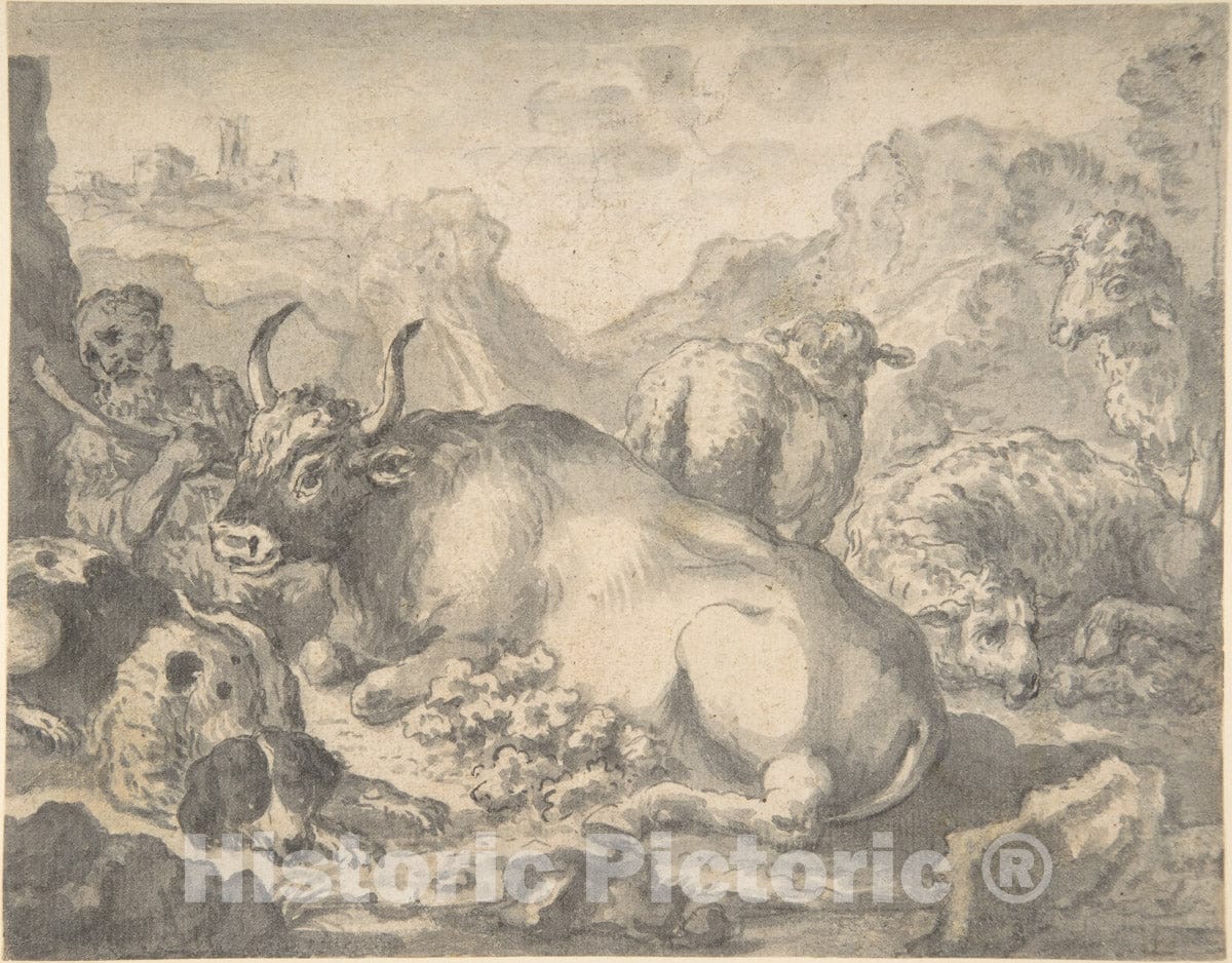 Art Print : Flemish, 17th Century - Sheperd with his Flock and a Dog : Vintage Wall Art