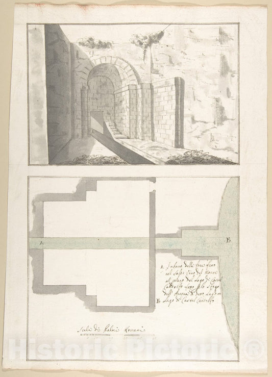 Art Print : Pietro Paolo Coccetti (Cocchetti) - Canalization of The Mouth of The Sasso Vino into The Lake of Castel Gandolfo: Perspective and Plan : Vintage Wall Art