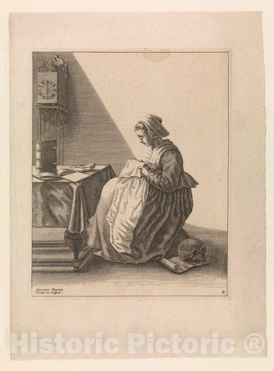 Art Print : Geertruydt Roghman - A Young Woman Ruffling, Plate 2 from Five Feminine Occupations : Vintage Wall Art