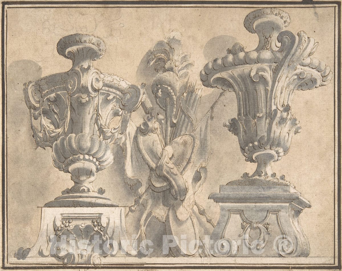 Art Print : Italian, Piedmontese, 18th Century - Ornamental Design with Two Urns and a Trophy : Vintage Wall Art