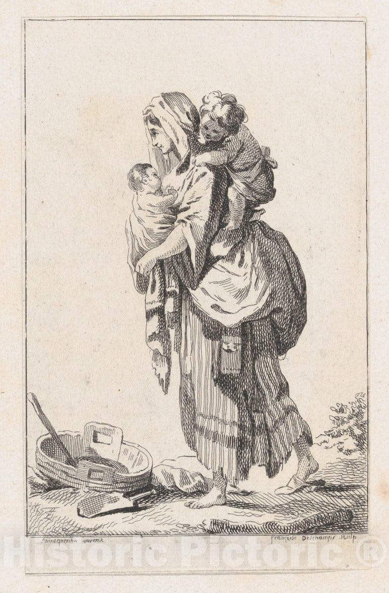 Art Print : Catherine-Francoise Beauvarlet - Peasant Woman with Two Children : Vintage Wall Art