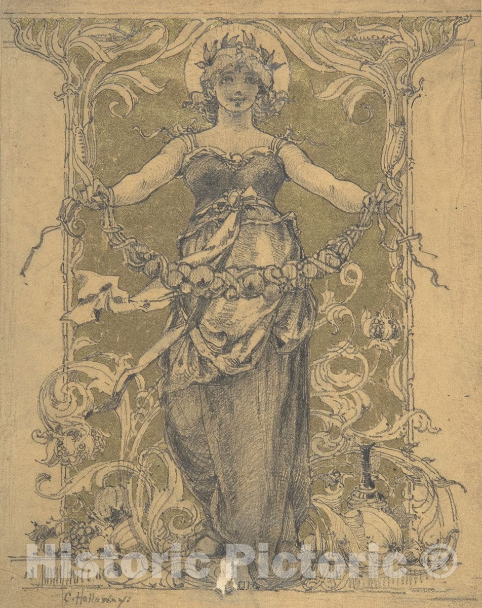 Art Print : Charles Edward Holloway - Woman Holding a Garland : Vintage Wall Art