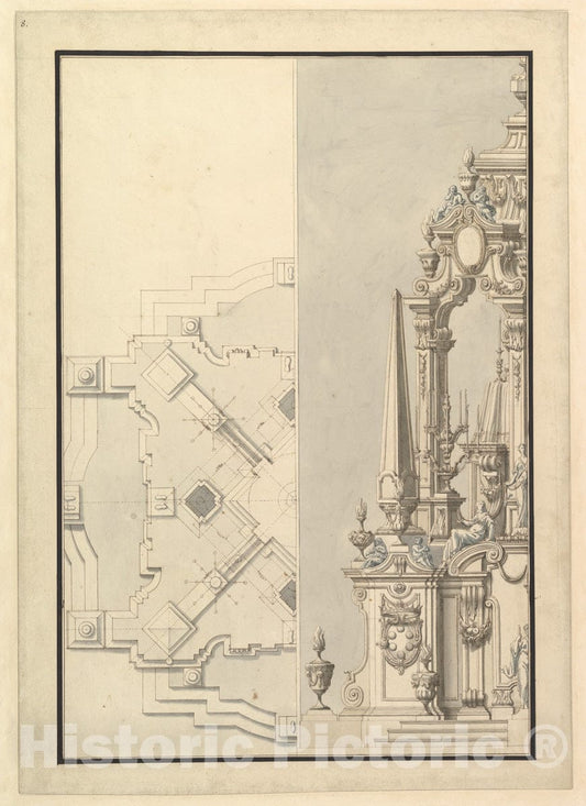 Art Print : Giuseppe Galli Bibiena - Half Ground Plan and Half Elevation of a Catafalque for Cosimo III dei Medici, Grand Duke of Tuscany (1642-1723) : Vintage Wall Art