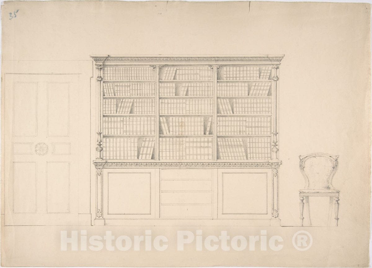 Art Print : British, 19th Century - Design for a Large Bookcabinet, with a Door at Left and a Chair at Right : Vintage Wall Art