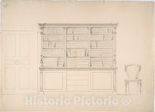 Art Print : British, 19th Century - Design for a Large Bookcabinet, with a Door at Left and a Chair at Right : Vintage Wall Art