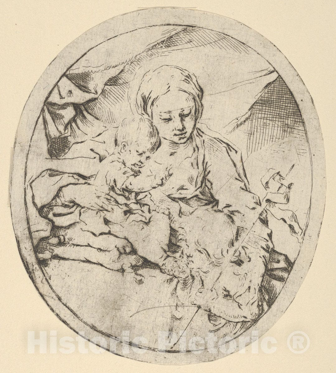 Art Print : Guido Reni - The Virgin with The Infant Christ Seated on a Cushion and The Young Saint John The Baptist at his feet, an Oval Composition : Vintage Wall Art