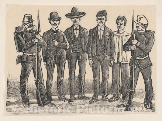 Art Print : Four Criminals Standing in a line flanked by Officers - Artist: Jose Guadalupe Posada - Created: 1892 : Vintage Wall Art