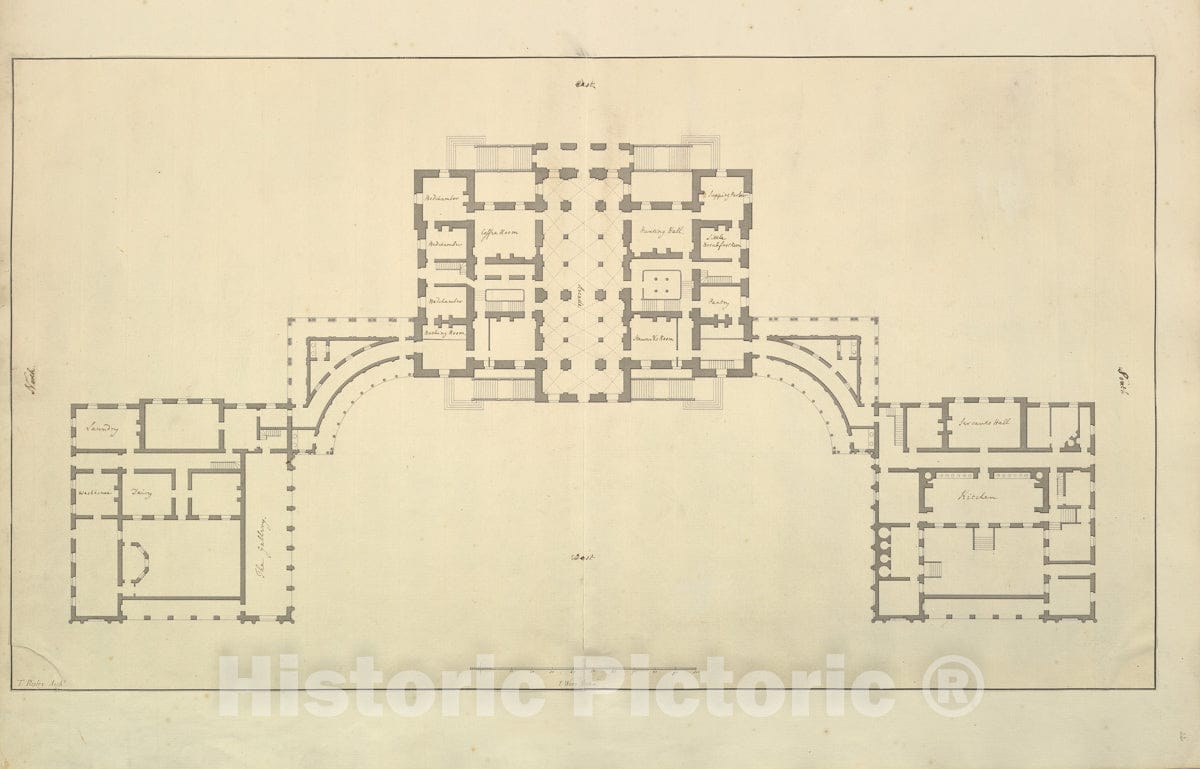 Art Print : Isaac Ware - Houghton Hall, Norfolk, Ground Floor (Basement) Plan : Vintage Wall Art