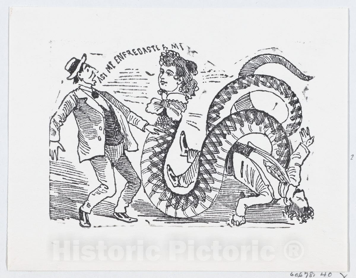 Art Print : José Guadalupe Posada - A snake with a woman's head slithering towards a scared man, an illustration from 'The Ballad of the Snake Woman'  : Vintage Wall Art