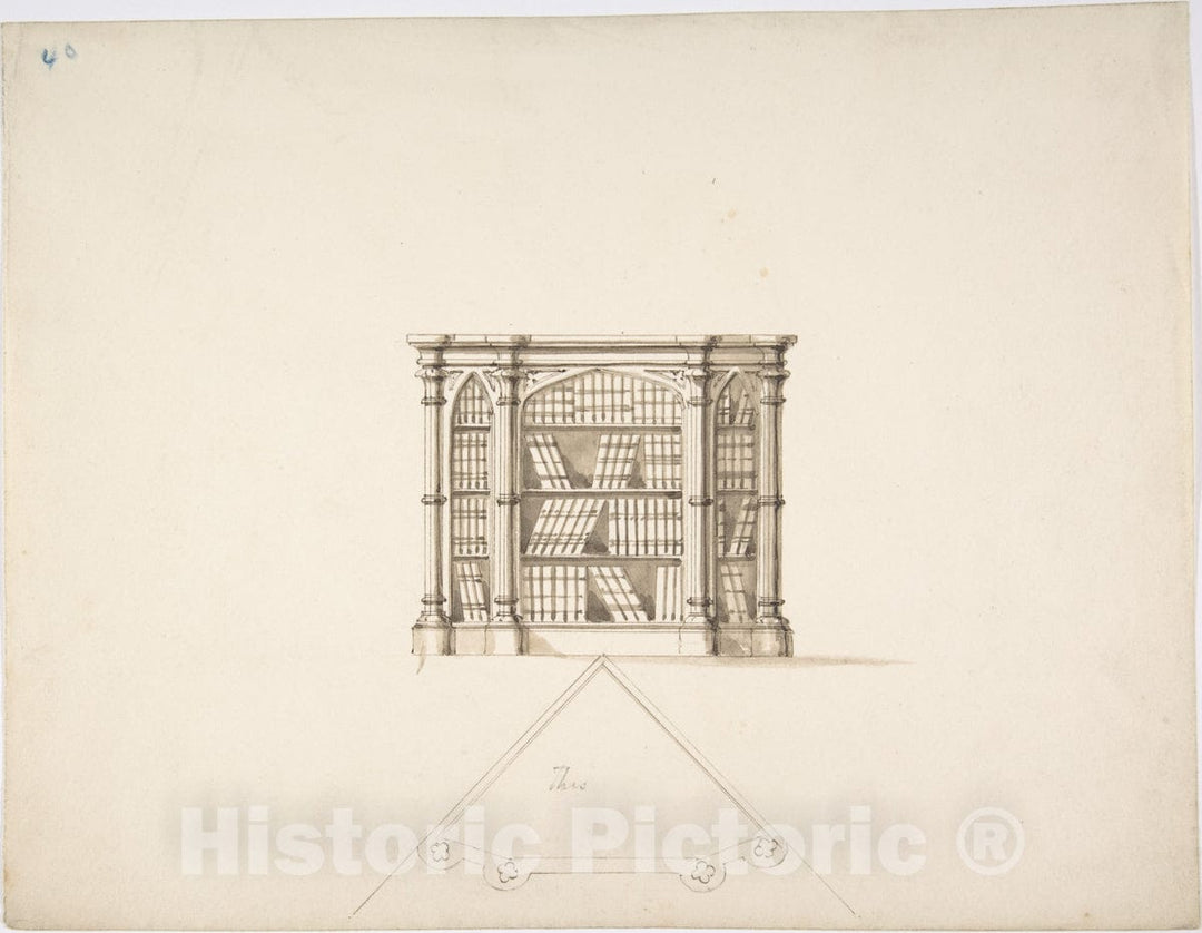 Art Print : British, 19th Century - Design for a Gothic Style Corner Book Cabinet: Elevation and Plan 1 : Vintage Wall Art
