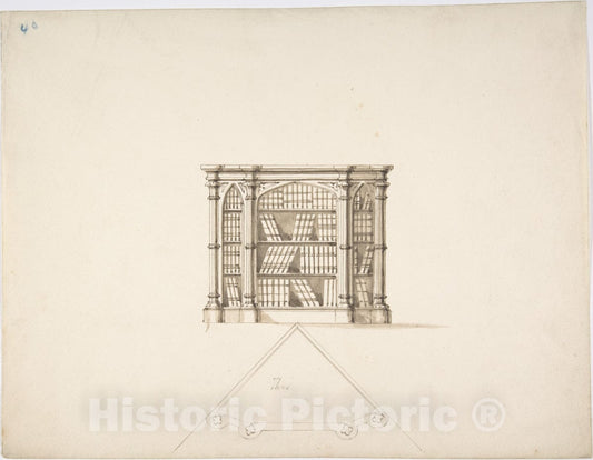 Art Print : British, 19th Century - Design for a Gothic Style Corner Book Cabinet: Elevation and Plan 1 : Vintage Wall Art