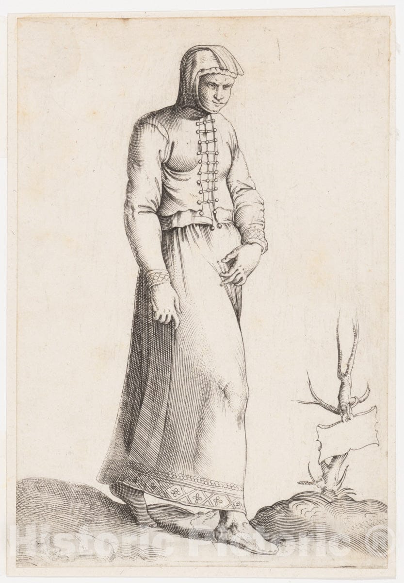 Art Print : Engraved by Enea Vico - Costume Plate: Woman with Hooded Garment 1 : Vintage Wall Art