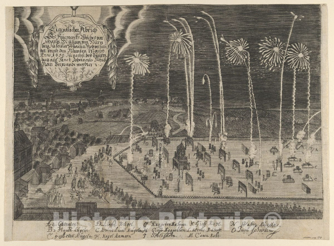 Art Print : Ornament & Architecture, Fete A Faithful Representation of The Fireworks Display Presented by Johann Muller - Artist: Anonymous - Created: 1659  : Vintage Wall Art