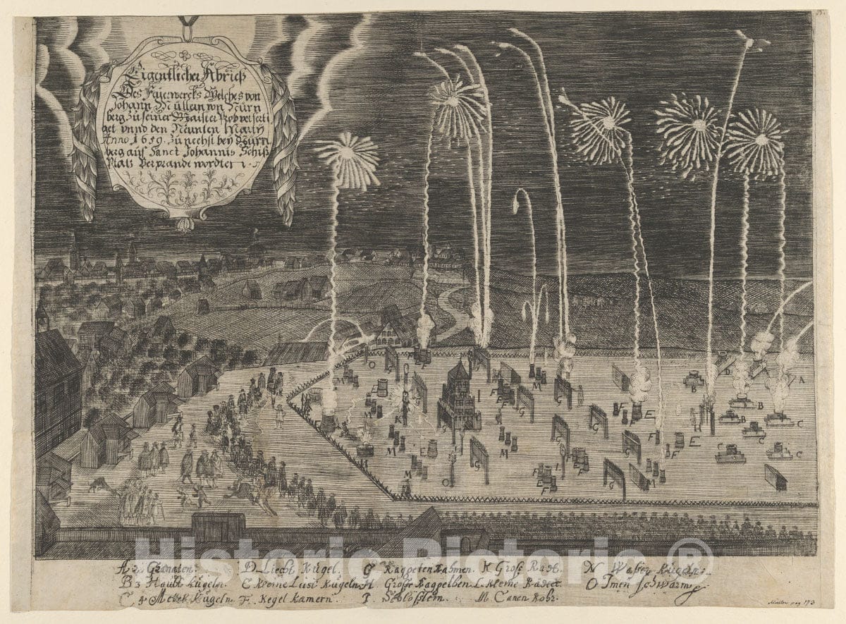 Art Print : Ornament & Architecture, Fete A Faithful Representation of The Fireworks Display Presented by Johann Muller - Artist: Anonymous - Created: 1659  : Vintage Wall Art
