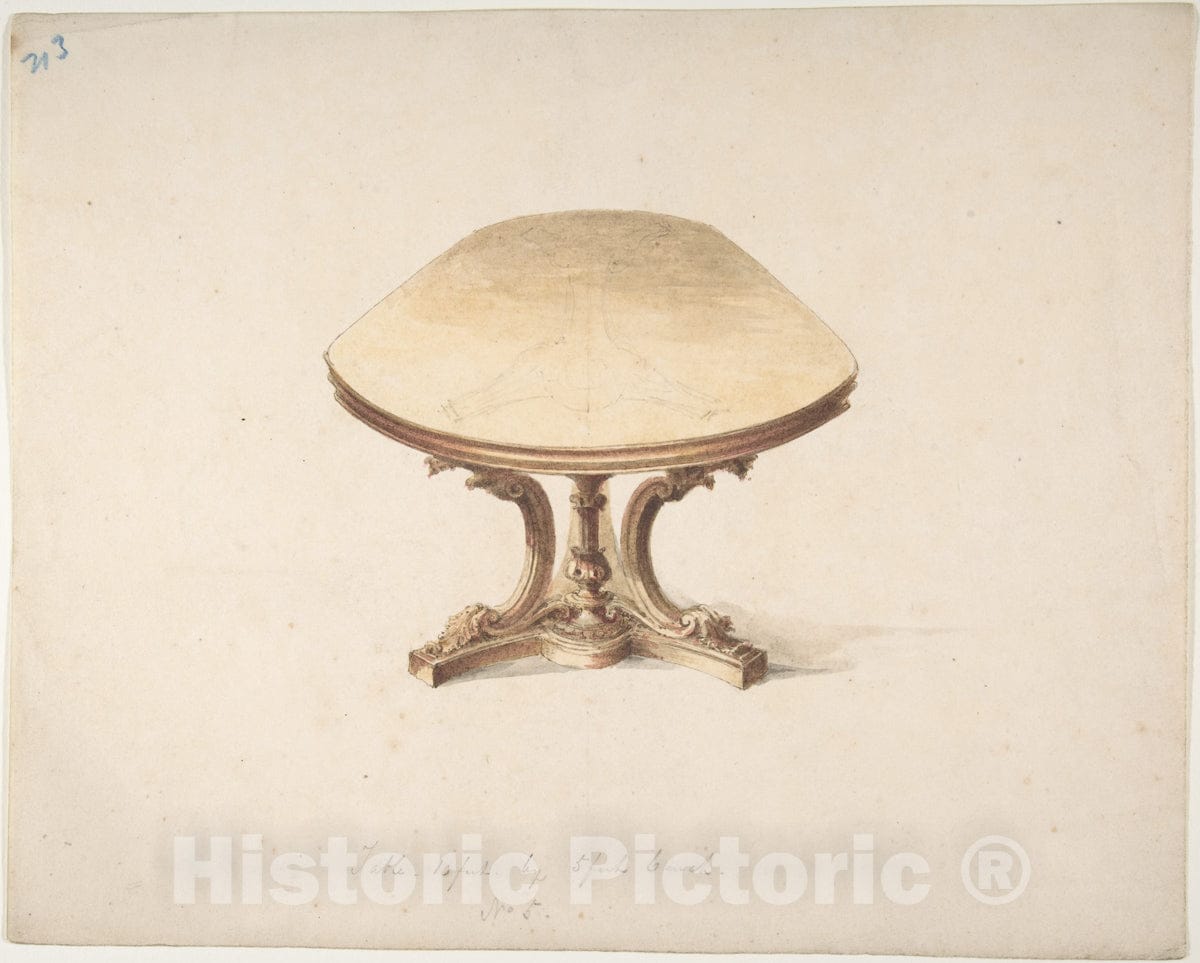 Art Print : British, 19th Century - Design for a Dining Table, with Carved Pedestal-Style Leg : Vintage Wall Art