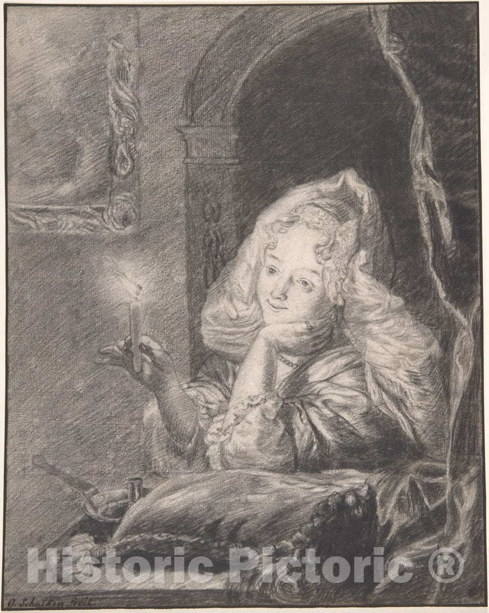 Art Print : Godfried Schalcken - Young Woman Seated at a Table, Holding a Candle : Vintage Wall Art