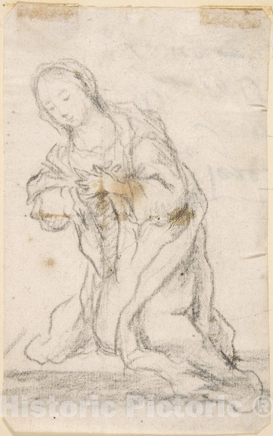 Art Print : Spanish, School of Seville, 17th Century - Kneeling Virgin (Virgin Annunciate) (Recto); Writing (Verso) : Vintage Wall Art