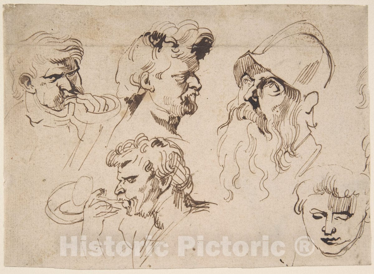 Art Print : Anthony Van Dyck - Sheet of Studies of Heads : Vintage Wall Art