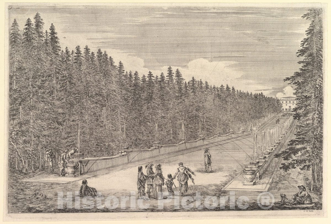 Art Print : an Alley of Fountains, a Group of People in Center - Artist: Stefano Della Bella - Created: c1653 : Vintage Wall Art