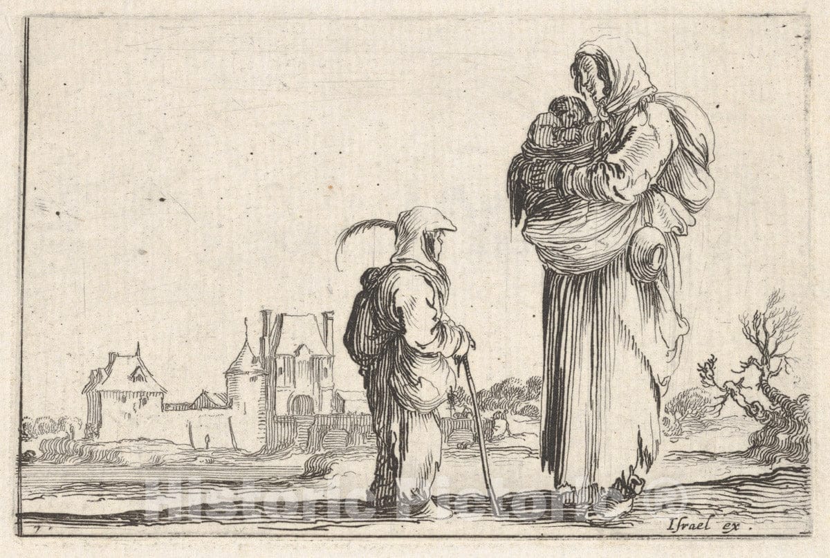 Art Print : Plate 7: a Peasant Woman Carrying a Child to Right - Artist: Stefano Della Bella - Created: c1642 : Vintage Wall Art
