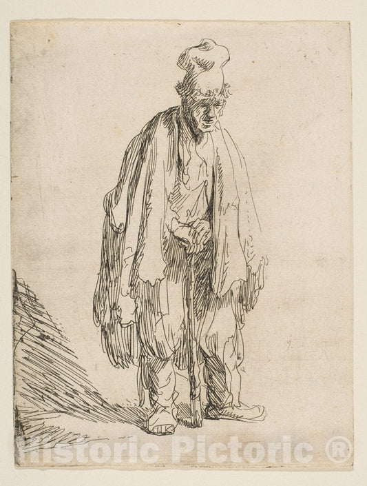 Art Print : Rembrandt (Rembrandt Van Rijn) - Beggar in a High Cap, Standing and Leaning on a Stick : Vintage Wall Art