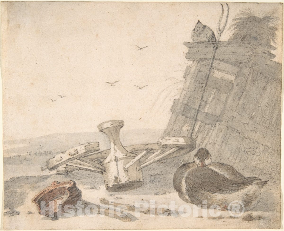 Art Print : Cornelis Saftleven - A Duck Sleeping Near a Broken Wheel in a Farmyard, a Chicken Beyond : Vintage Wall Art