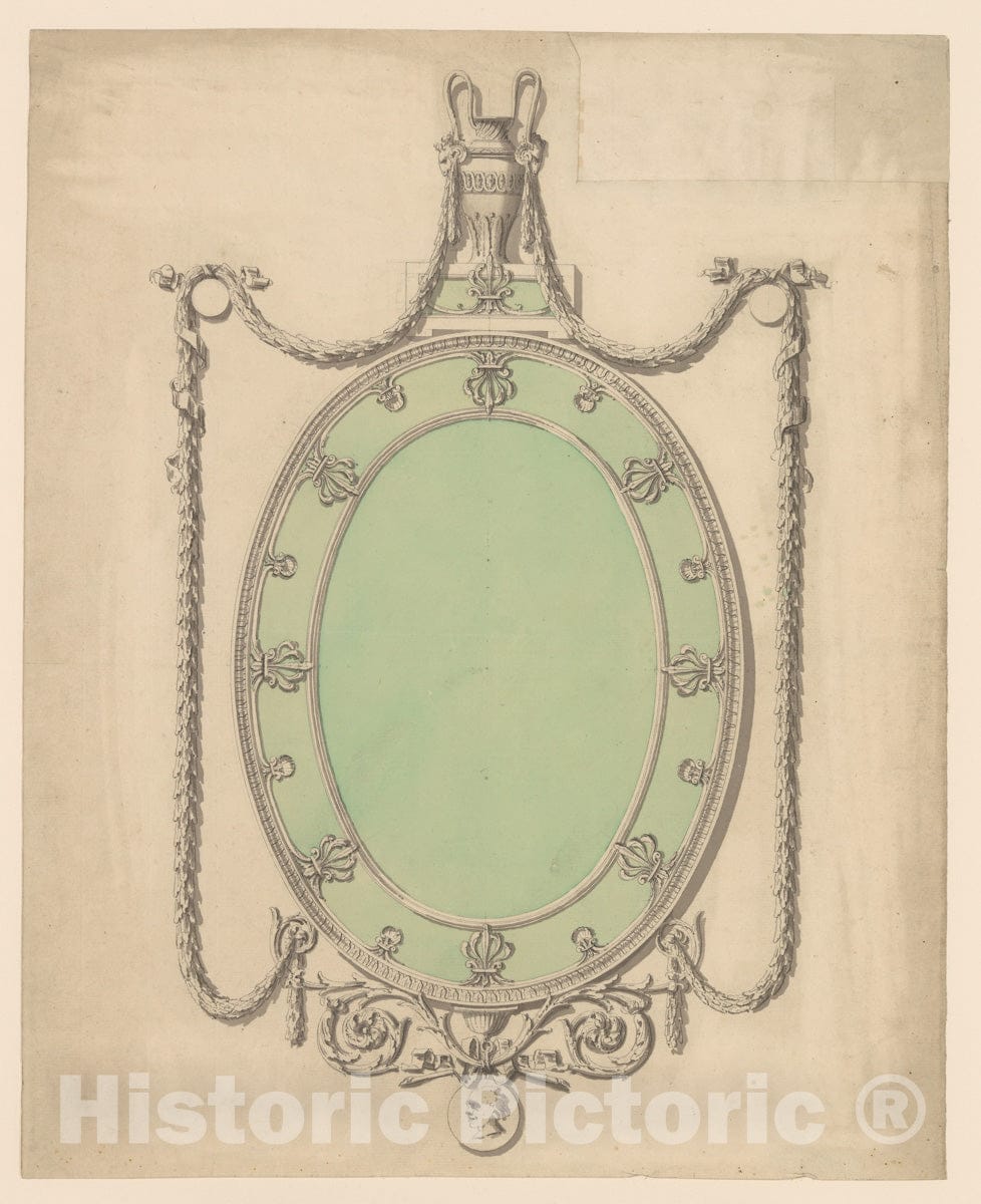 Art Print : Sir William Chambers - Design for an Oval Mirror, Surmounted by an Urn and Draped with Neoclassic Swags : Vintage Wall Art