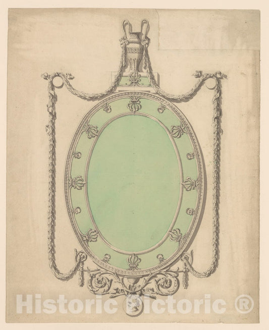 Art Print : Sir William Chambers - Design for an Oval Mirror, Surmounted by an Urn and Draped with Neoclassic Swags : Vintage Wall Art