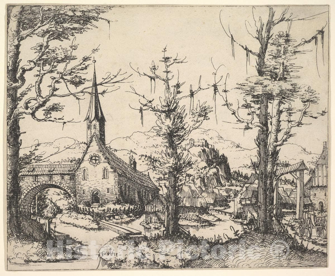 Art Print : Augustin Hirschvogel - Landscape with Small Church and Arch Over Stream (counterproof) : Vintage Wall Art