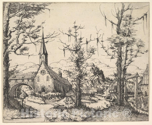 Art Print : Augustin Hirschvogel - Landscape with Small Church and Arch Over Stream (counterproof) : Vintage Wall Art