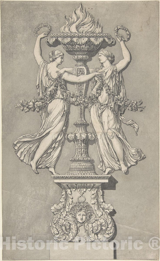 Art Print : Giocondo (Giuseppe) Albertolli - Candelabrum with Two Victory Figures (for 'Ornamenti Diversi') : Vintage Wall Art