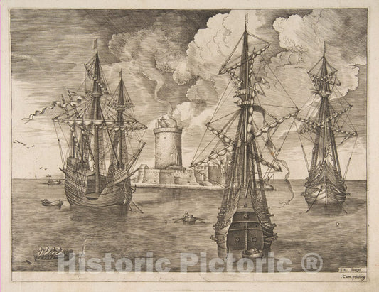 Art Print : Pieter Bruegel The Elder - Four-Master (Left) and Two Three-Masters Anchored Near a Fortified Island with a Lighthouse from The Sailing Vessels : Vintage Wall Art