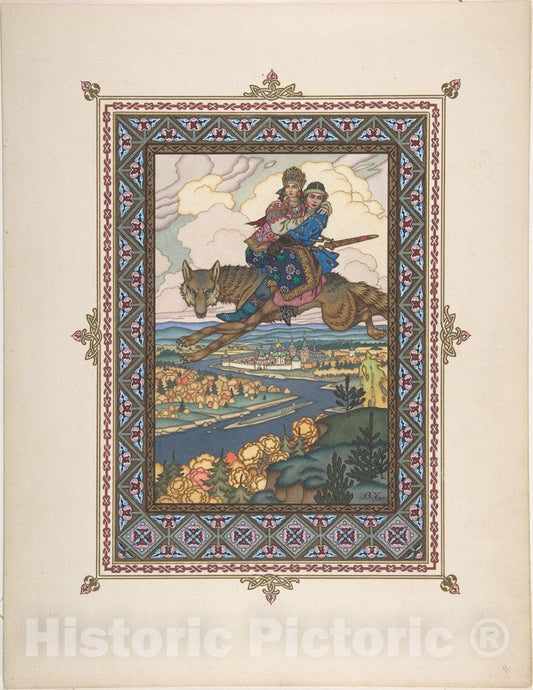 Art Print : Boris Zvorykin - Illustration for L'oiseau de Fue Tsarevich Ivan with Tsarevna Elena The Fair on The Grey Wolf : Vintage Wall Art