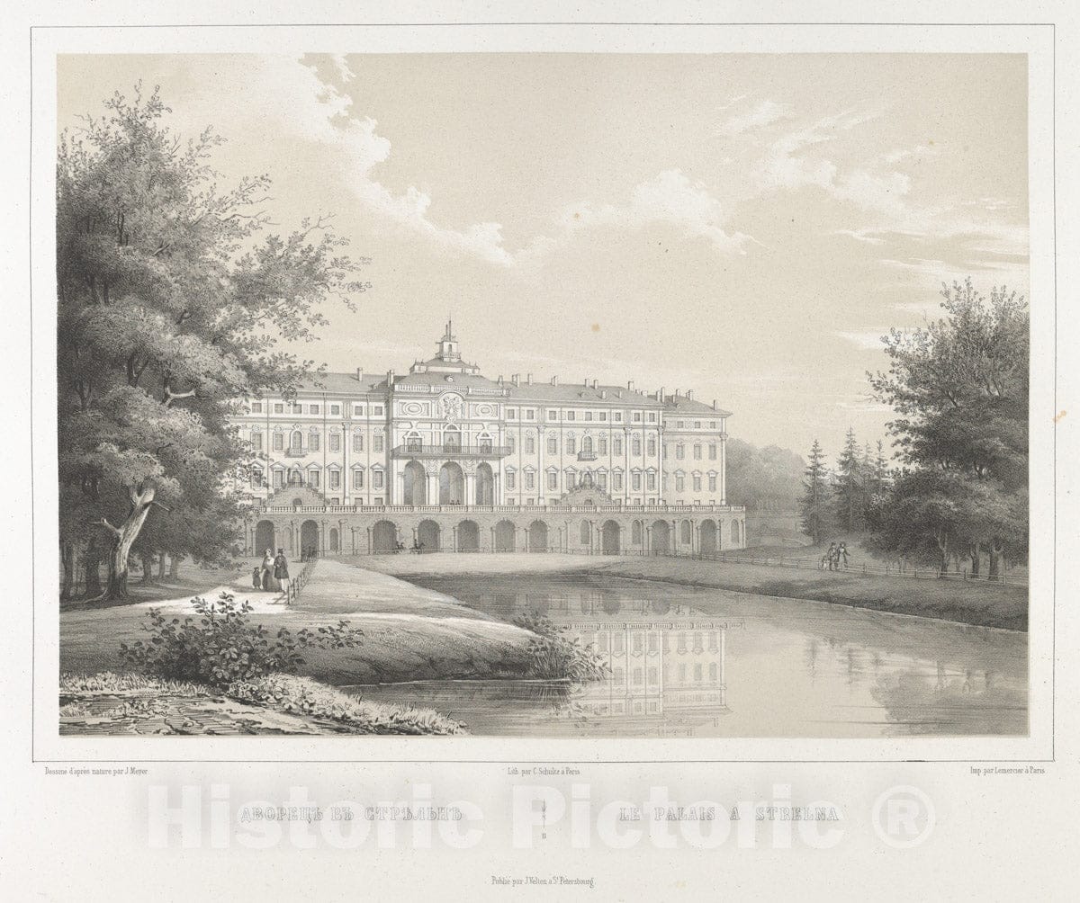 Art Print : J. Meyer - Le Palais à Strelna, from The Series Vues pittoresques des Palais & jardins impériaux aux Environs de St. Petersbourg : Vintage Wall Art