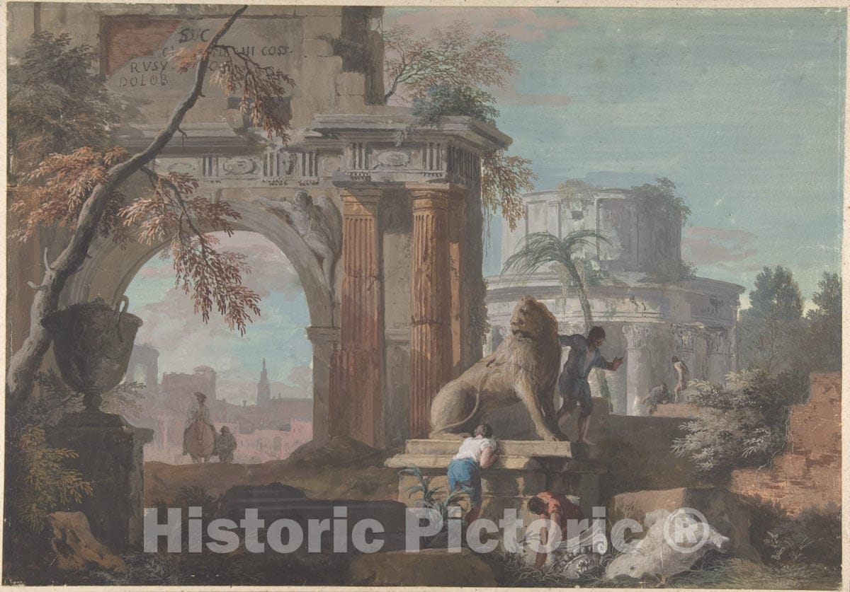 Art Print : Marco Ricci - Capriccio with Roman Ruins : Vintage Wall Art