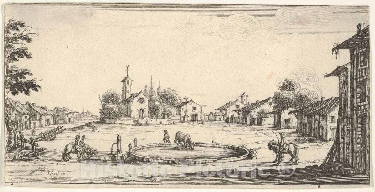 Art Print : François Collignon - Plate 6: View of a Village with a Horse Trough in Center, Horses and Houses to Either Side, a Church in Center Background : Vintage Wall Art