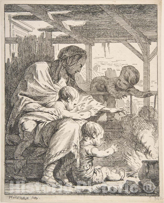 Art Print : Noël Hallé - Family Warming Their Hands by a Fire : Vintage Wall Art