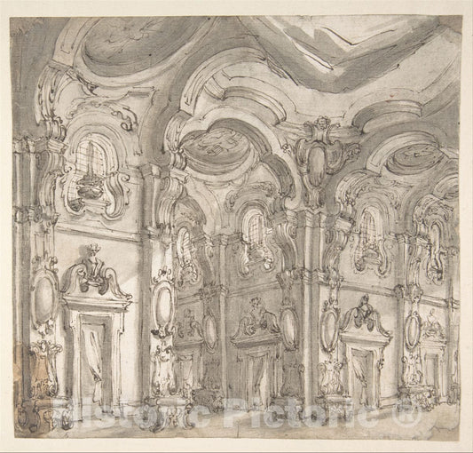 Art Print : Giuseppe Galli Bibiena - Design for a Stage Set: The Gallery of a Magnificent Palace Decorated with Mirrors. : Vintage Wall Art