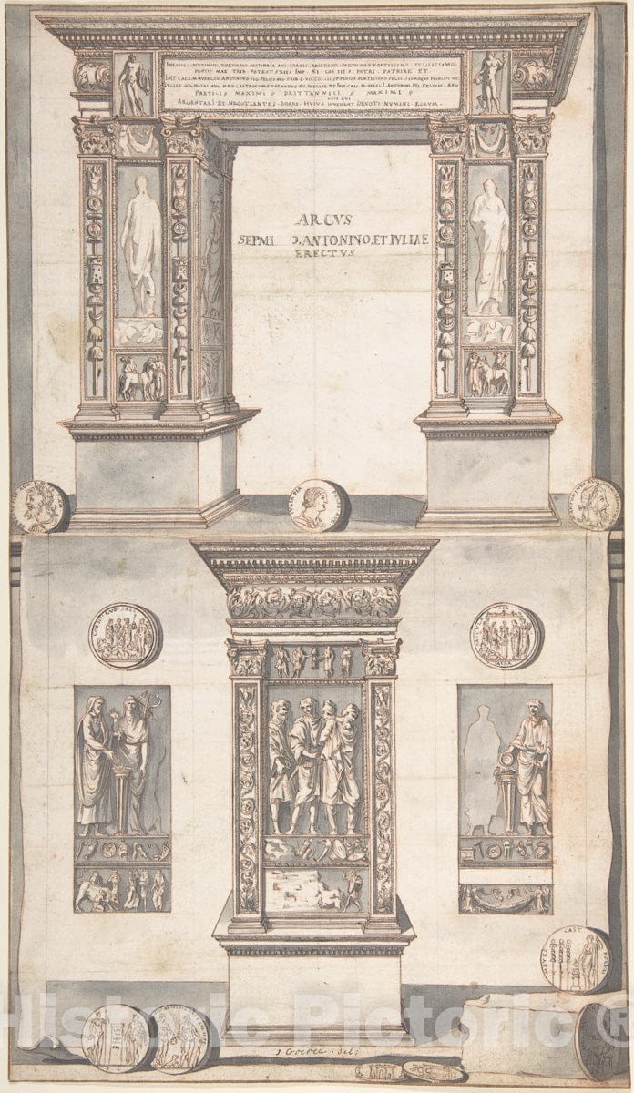 Art Print : Jan Goeree - Arch of Septimius Severus, Frontal Elevation (Above) and Side View (Below) : Vintage Wall Art