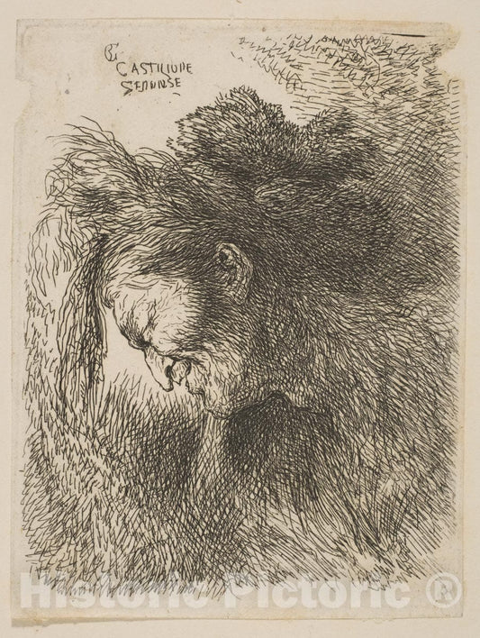 Art Print : Giovanni Benedetto Castiglione (Il Grechetto) - Head of an Old Man Looking Down, Facing Left 1 : Vintage Wall Art