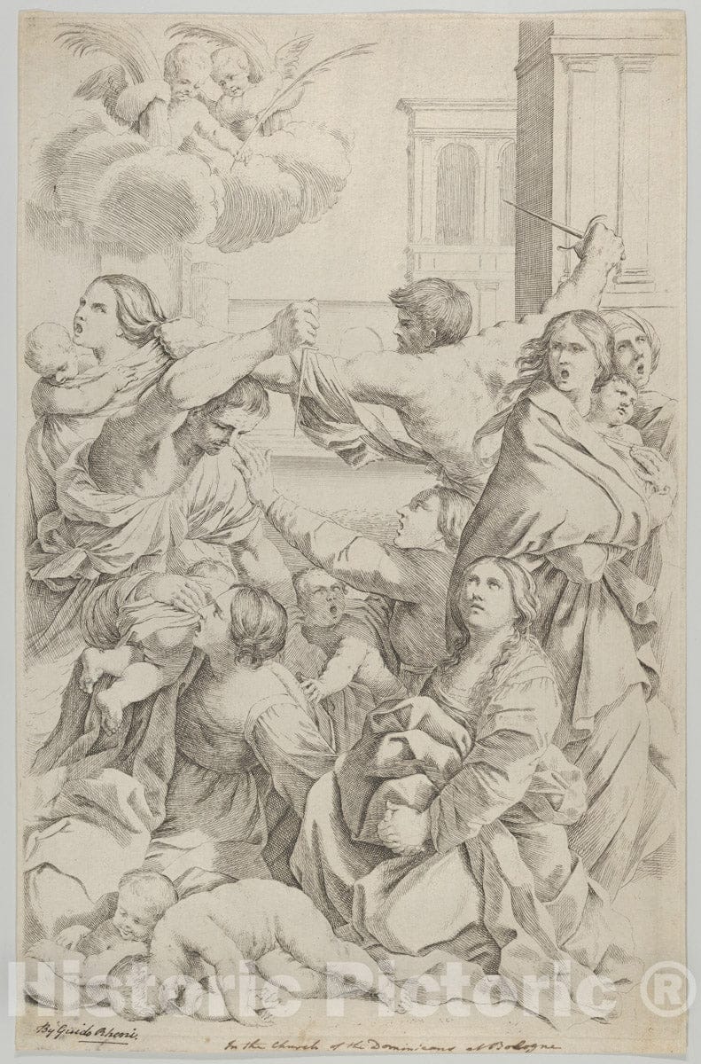 Art Print : Engraved by Gian Battista Bolognini - Massacre of The Innocents; Group of Women and Children Being Attacked, Two Angels at Upper Left, After Reni 2 : Vintage Wall Art