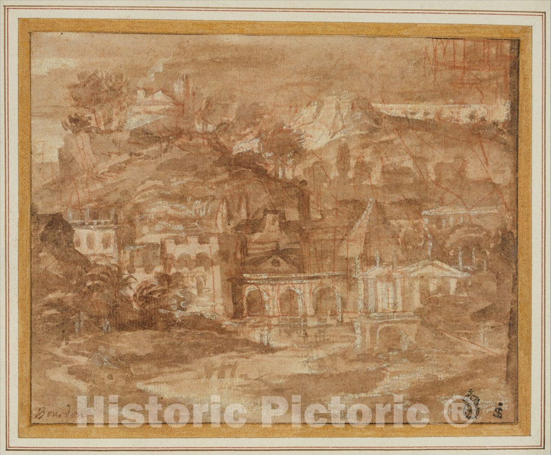Art Print : Sébastien Bourdon - A Classical Landscape with Buildings by a River : Vintage Wall Art