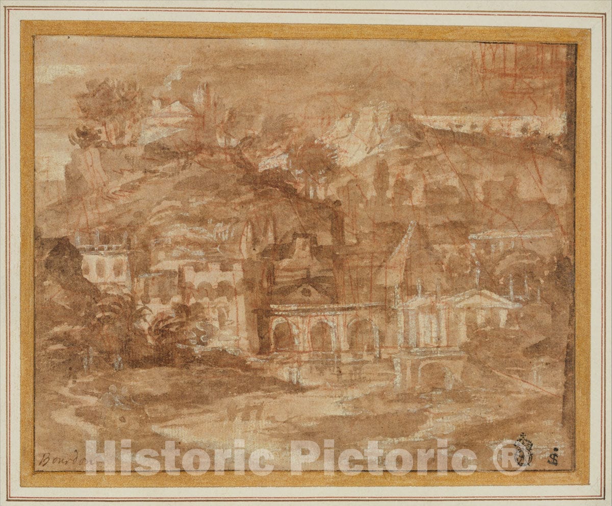 Art Print : Sébastien Bourdon - A Classical Landscape with Buildings by a River : Vintage Wall Art