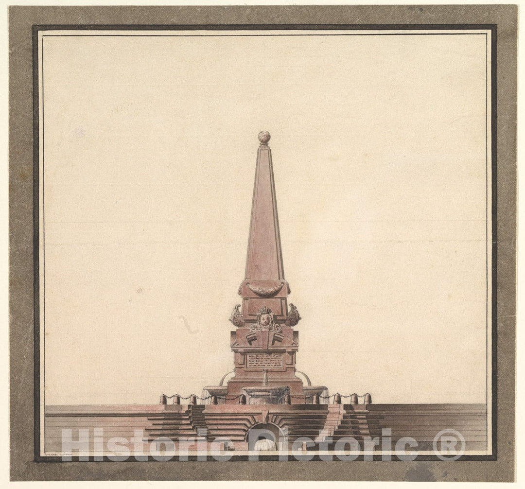 Art Print : Anonymous, 18th Century - Design for a Fountain with an Obelisk : Vintage Wall Art