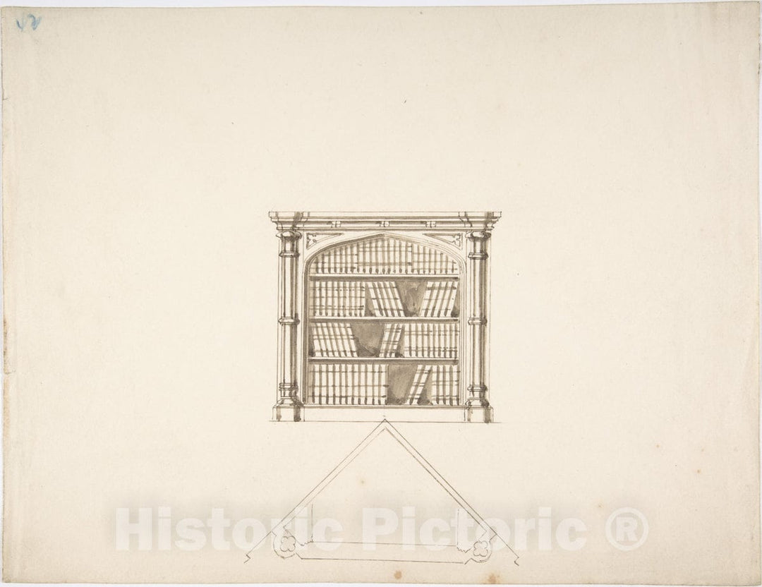 Art Print : British, 19th Century - Design for a Gothic Style Corner Book Cabinet: Elevation and Plan 2 : Vintage Wall Art