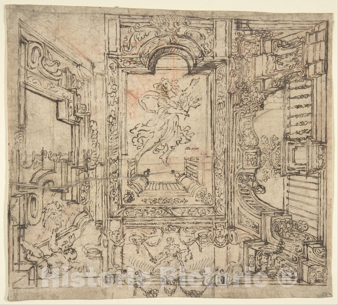 Art Print : Italian, Piedmontese, 18th Century - Design for a Painted Ceiling: Perspective Architectural with a Figure at The Center : Vintage Wall Art